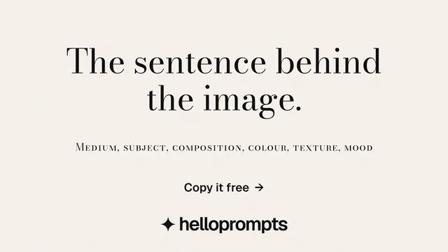 Landscape graphic for HelloPrompts: "The sentence behind the image." Minimal luxury style, smallcaps layout, light palette in white.