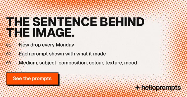 Social ad for HelloPrompts: "The sentence behind the image." Brutalist style, numbered layout, light palette in orange, white, brown.