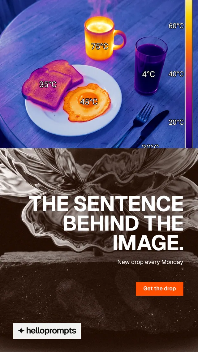 Instagram story for HelloPrompts: "The sentence behind the image." Swiss style, right layout, dark palette in blue, black, grey.