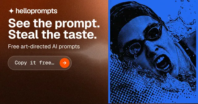 Social ad for HelloPrompts: "See the prompt. Steal the taste." Agentic glass style, skeleton layout, dark palette in orange, blue, black.