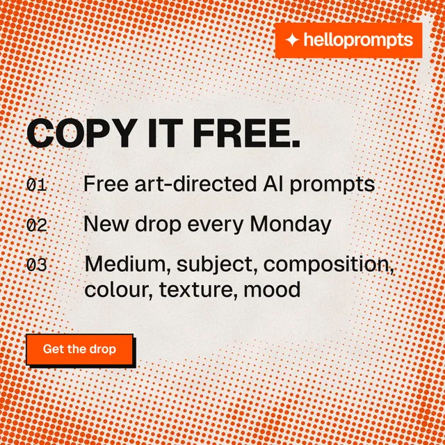 Instagram post for HelloPrompts: "Copy it free." Brutalist style, numbered layout, light palette in orange.