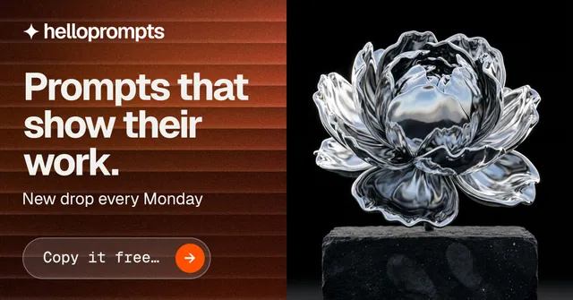 Social ad for HelloPrompts: "Prompts that show their work." Agentic glass style, bottom layout, dark palette in black, red, orange.