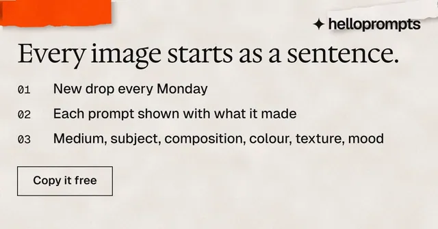Social ad for HelloPrompts: "Every image starts as a sentence." Editorial style, numbered layout, light palette in orange.