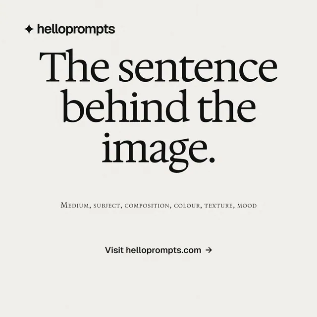 Instagram post for HelloPrompts: "The sentence behind the image." Swiss style, smallcaps layout, light palette in white, grey.
