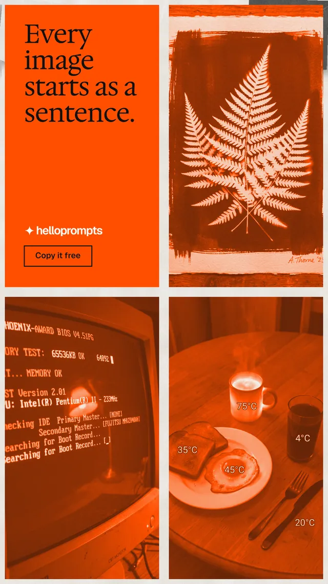 Instagram story for HelloPrompts: "Every image starts as a sentence." Editorial style, collage layout, dark palette in orange.