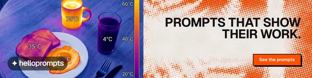 LinkedIn banner for HelloPrompts: "Prompts that show their work." Brutalist style, right layout, light palette in blue, red, orange.