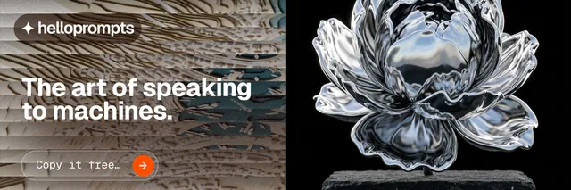 X header for HelloPrompts: "The art of speaking to machines." Agentic glass style, bottom layout, dark palette in grey, black.