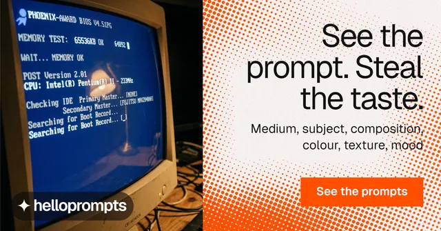 Social ad for HelloPrompts: "See the prompt. Steal the taste." Swiss style, right layout, light palette in blue, brown, orange.