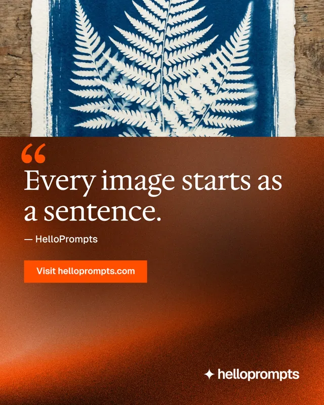Instagram portrait post for HelloPrompts: "The sentence behind the image." Swiss style, quote layout, dark palette in orange, grey.