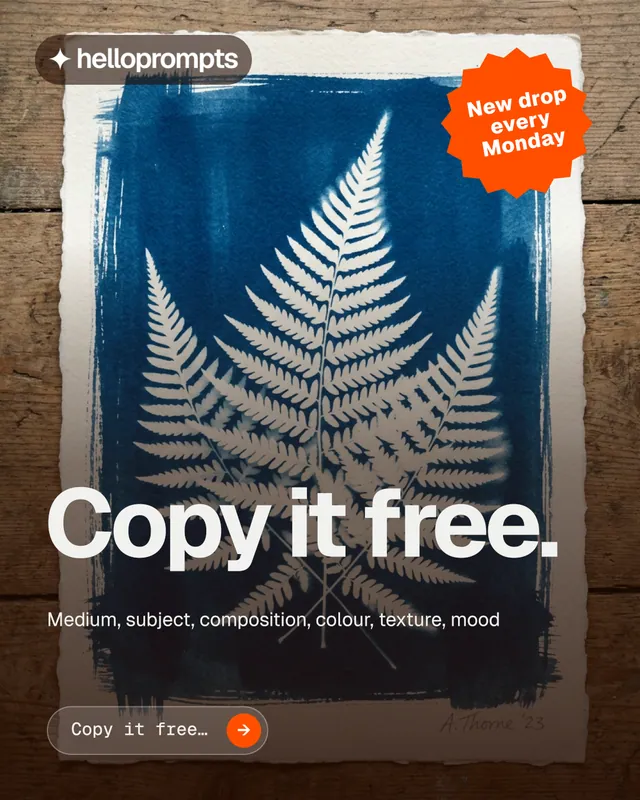 Instagram portrait post for HelloPrompts: "Copy it free." Agentic glass style, sticker layout, dark palette in orange, blue, grey.