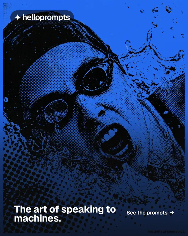 Instagram portrait post for HelloPrompts: "The art of speaking to machines." Swiss style, image led layout, dark palette in blue, black.