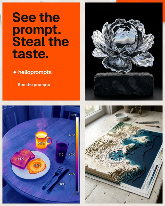 Instagram portrait post for HelloPrompts: "See the prompt. Steal the taste." Swiss style, collage layout, dark palette in blue, grey, red.