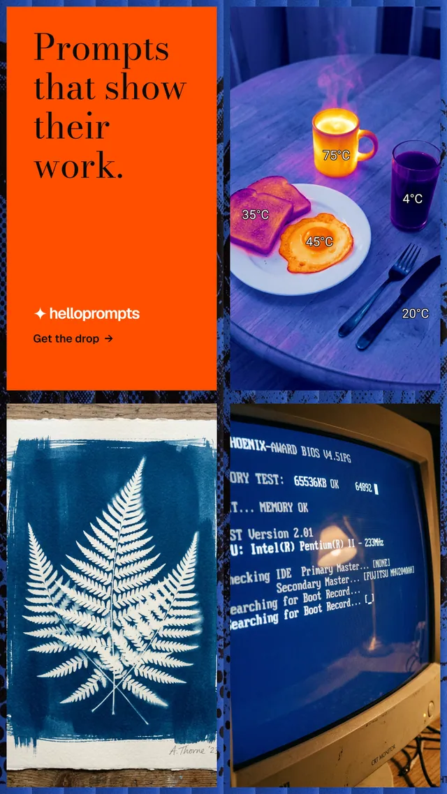 Instagram story for HelloPrompts: "Prompts that show their work." Minimal luxury style, collage layout, dark palette in blue, red, grey.