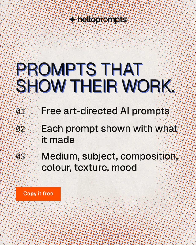 Instagram portrait post for HelloPrompts: "Prompts that show their work." Retro print style, numbered layout, light palette in red, orange, grey.