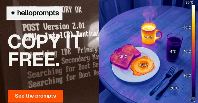 Social ad for HelloPrompts: "Copy it free." Swiss style, bottom layout, dark palette in red, blue, grey.
