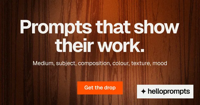 Social ad for HelloPrompts: "Prompts that show their work." Swiss style, centred layout, dark palette in orange, black, brown.
