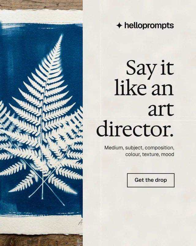 Instagram portrait post for HelloPrompts: "Say it like an art director." Editorial style, right layout, light palette in blue, grey, orange.