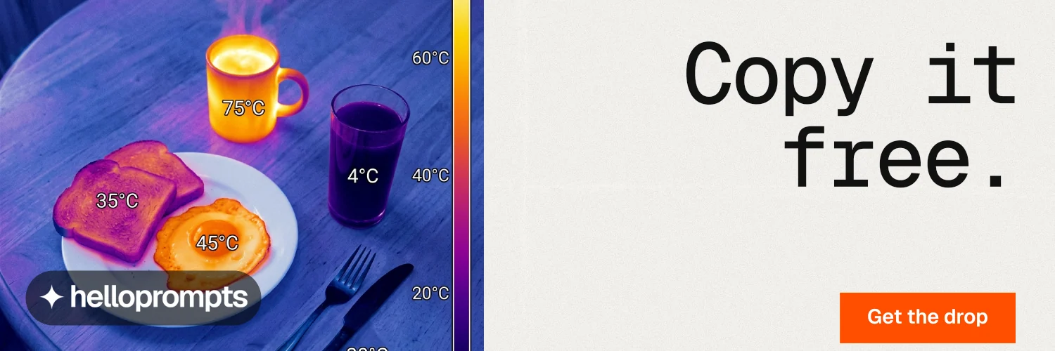 X header for HelloPrompts: "Copy it free." Swiss style, right layout, light palette in white, purple, grey.