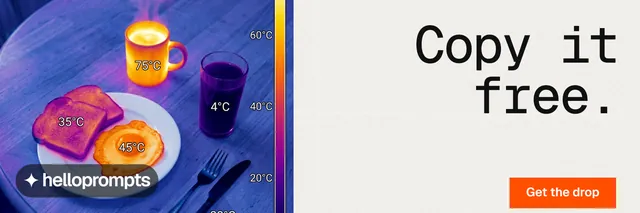 X header for HelloPrompts: "Copy it free." Swiss style, right layout, light palette in white, purple, grey.