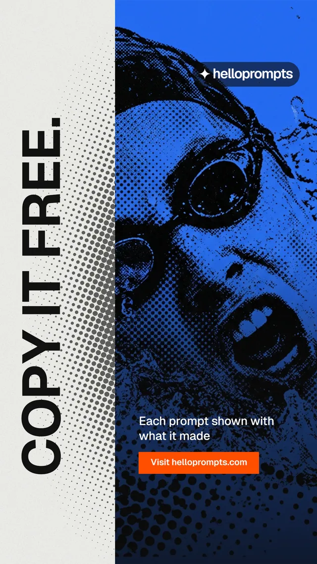 Instagram story for HelloPrompts: "Copy it free." Swiss style, vertical layout, dark palette in white, blue, black.