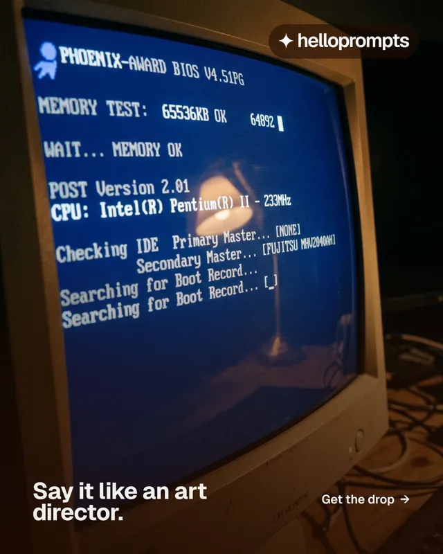 Instagram portrait post for HelloPrompts: "Say it like an art director." Swiss style, image led layout, dark palette in black, blue, grey.