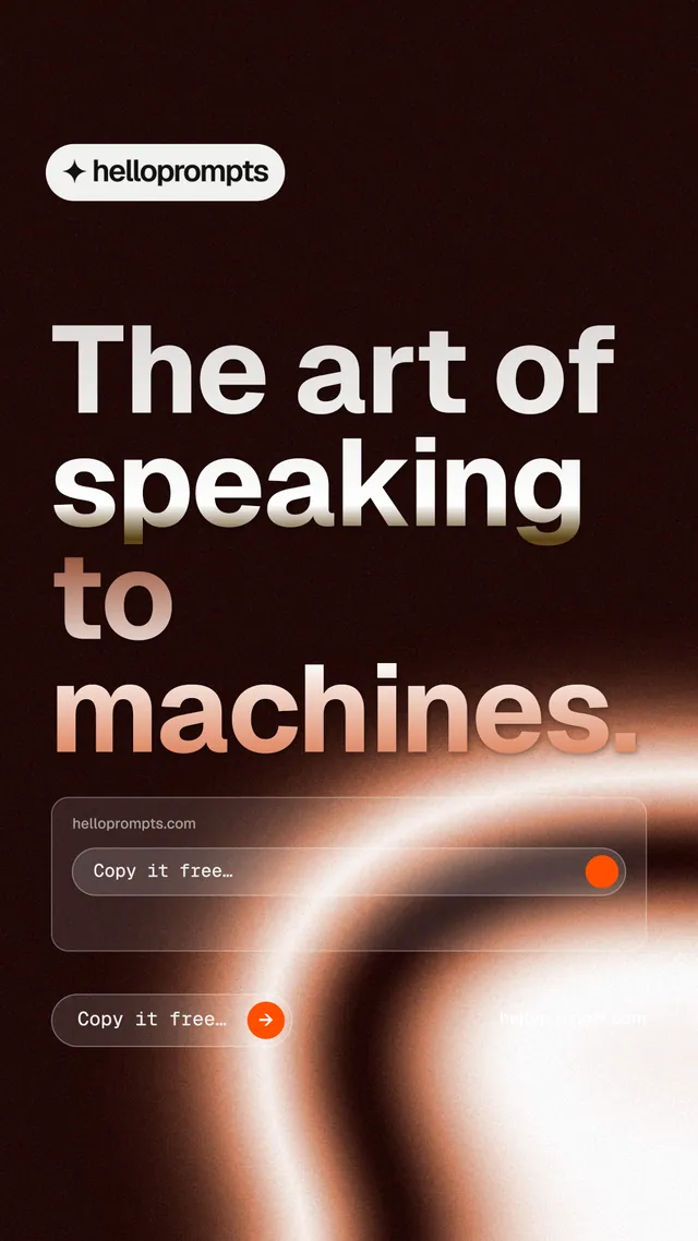 Instagram story for HelloPrompts: "The art of speaking to machines." Agentic glass style, poster layout, dark palette in black, orange, red.