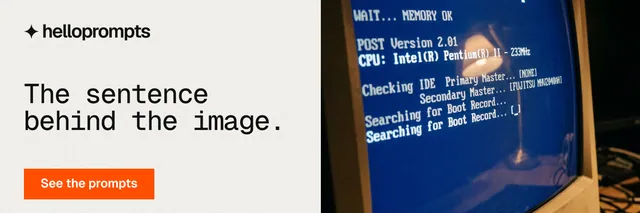 X header for HelloPrompts: "The sentence behind the image." Swiss style, bottom layout, light palette in white, blue, grey.