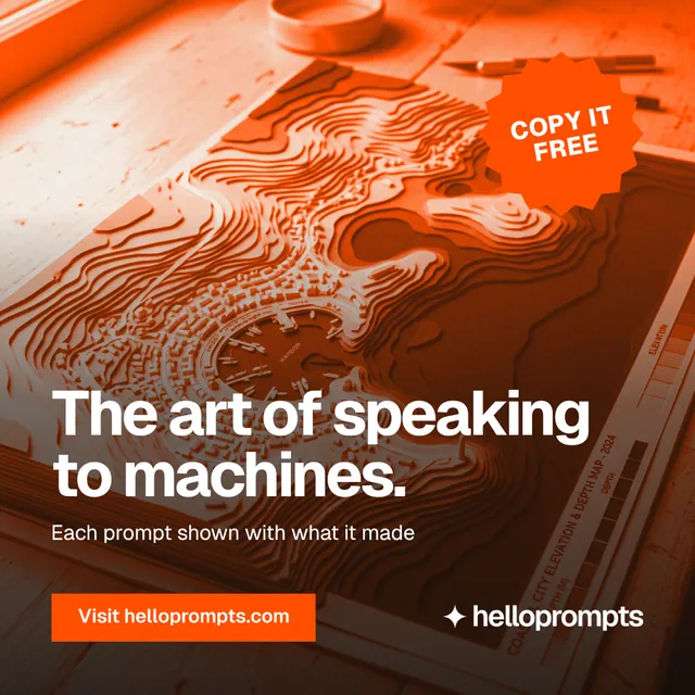 Instagram post for HelloPrompts: "The art of speaking to machines." Swiss style, sticker layout, dark palette in brown, orange.