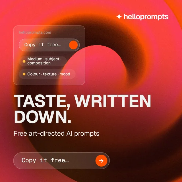 Instagram post for HelloPrompts: "Taste, written down." Agentic glass style, skeleton layout, dark palette in red.