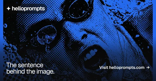 Social ad for HelloPrompts: "The sentence behind the image." Swiss style, image led layout, dark palette in blue, black.