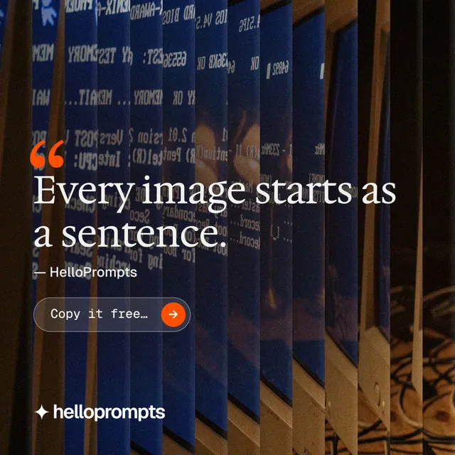 Instagram post for HelloPrompts: "The art of speaking to machines." Agentic glass style, quote layout, dark palette in black, grey, orange.