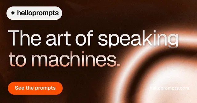 Social ad for HelloPrompts: "The art of speaking to machines." Y2K style, poster layout, dark palette in black, orange.