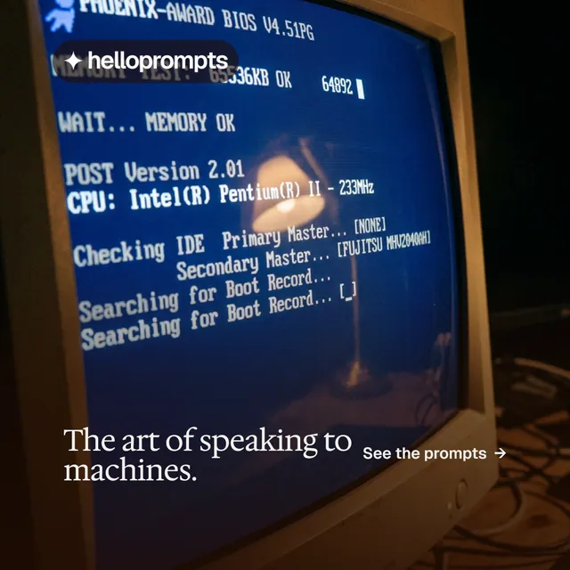 Instagram post for HelloPrompts: "The art of speaking to machines." Editorial style, image led layout, dark palette in blue, black, grey.