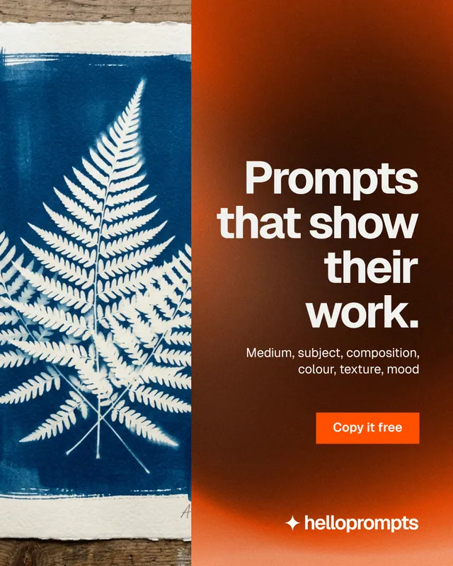 Instagram portrait post for HelloPrompts: "Prompts that show their work." Swiss style, right layout, dark palette in orange, black, grey.