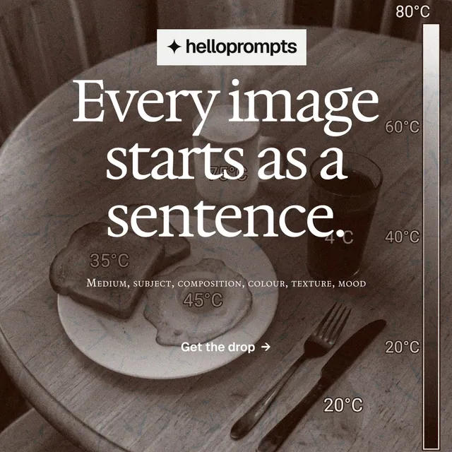 Instagram post for HelloPrompts: "Every image starts as a sentence." Swiss style, smallcaps layout, dark palette in grey, orange.
