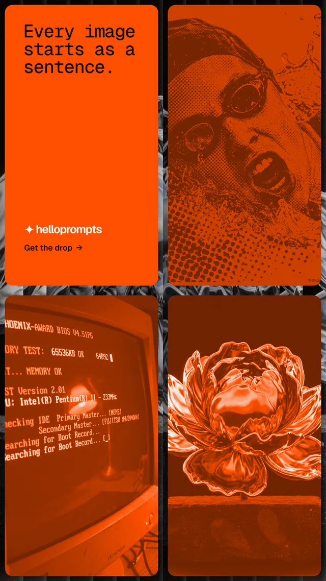 Instagram story for HelloPrompts: "Every image starts as a sentence." Agentic glass style, collage layout, dark palette in orange.