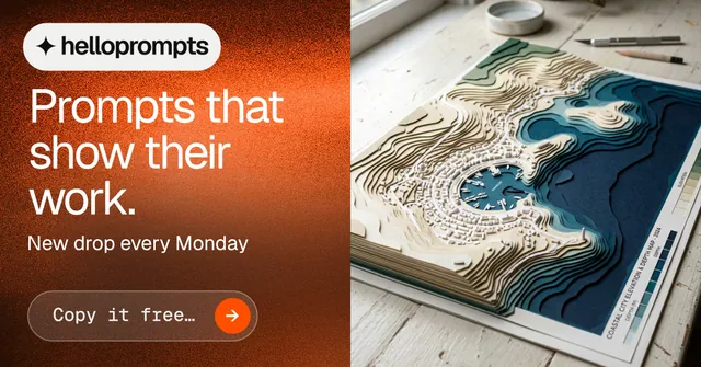 Social ad for HelloPrompts: "Prompts that show their work." Agentic glass style, bottom layout, light palette in white, orange, black.