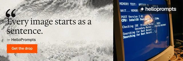X header for HelloPrompts: "See the prompt. Steal the taste." Swiss style, quote layout, light palette in blue, grey, white.