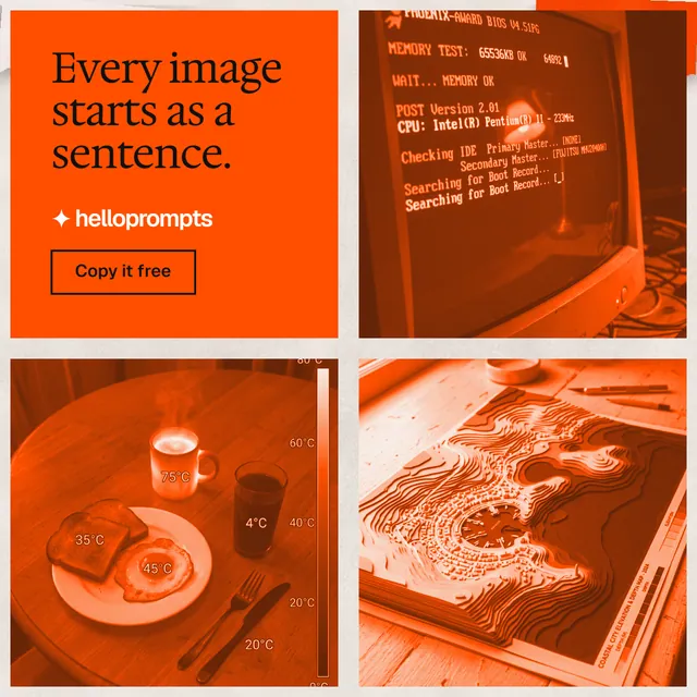 Instagram post for HelloPrompts: "Every image starts as a sentence." Editorial style, collage layout, light palette in orange.