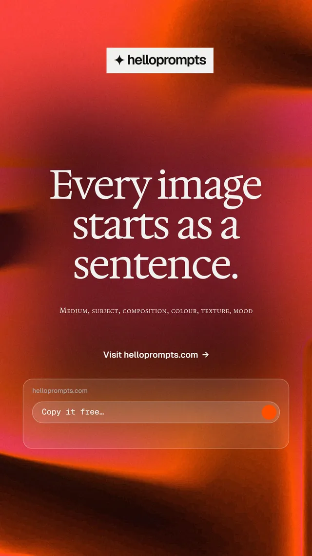 Instagram story for HelloPrompts: "Every image starts as a sentence." Swiss style, smallcaps layout, dark palette in red.
