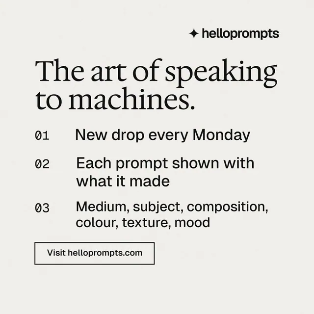 Instagram post for HelloPrompts: "The art of speaking to machines." Editorial style, numbered layout, light palette in white, grey.