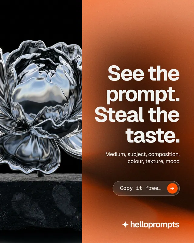 Instagram portrait post for HelloPrompts: "See the prompt. Steal the taste." Agentic glass style, right layout, dark palette in black, brown, orange.