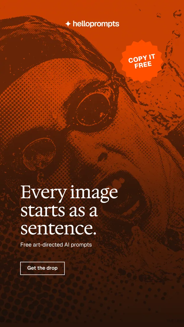 Instagram story for HelloPrompts: "Every image starts as a sentence." Editorial style, sticker layout, dark palette in black, orange.