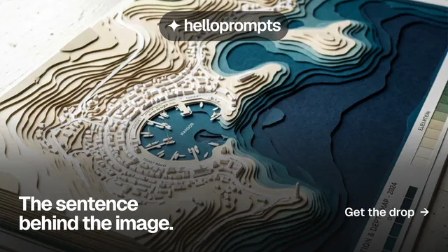 Landscape graphic for HelloPrompts: "The sentence behind the image." Swiss style, image led layout, dark palette in black, blue, grey.