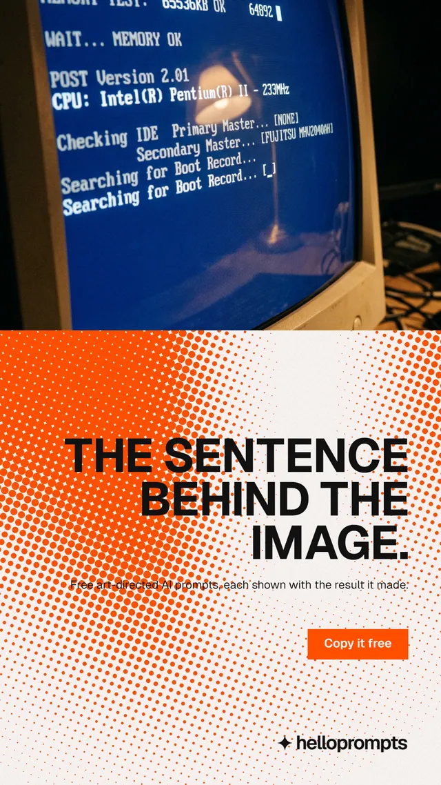 Instagram story for HelloPrompts: "The sentence behind the image." Swiss style, right layout, light palette in white, blue, orange.