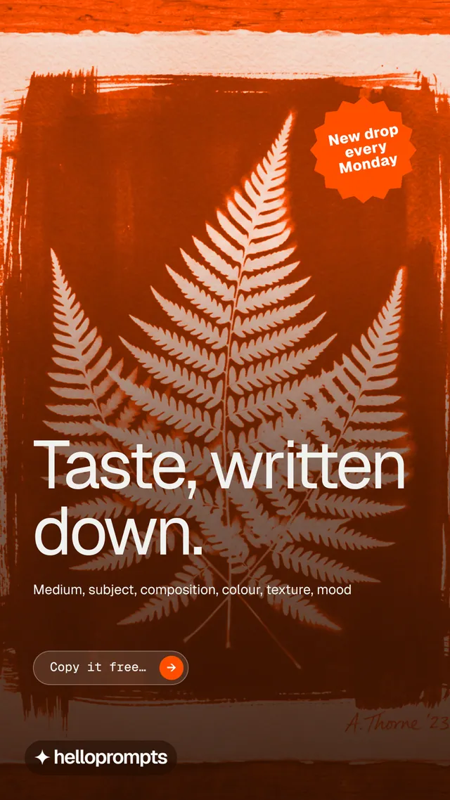 Instagram story for HelloPrompts: "Taste, written down." Agentic glass style, sticker layout, dark palette in orange, brown.