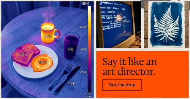 Social ad for HelloPrompts: "Say it like an art director." Editorial style, collage layout, dark palette in blue, grey, red.