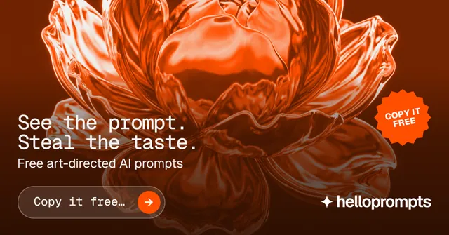 Social ad for HelloPrompts: "See the prompt. Steal the taste." Agentic glass style, sticker layout, dark palette in orange, brown.