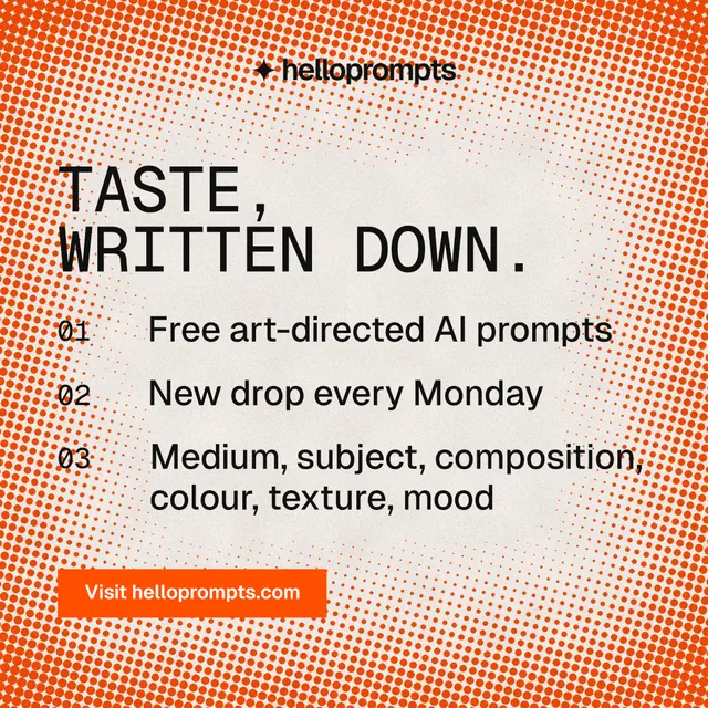 Instagram post for HelloPrompts: "Taste, written down." Retro print style, numbered layout, light palette in orange.