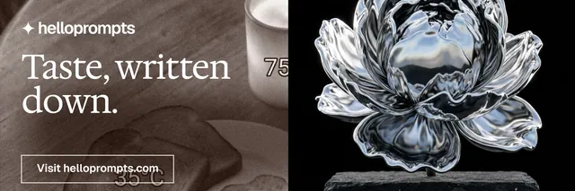 X header for HelloPrompts: "Taste, written down." Editorial style, bottom layout, dark palette in grey, black.